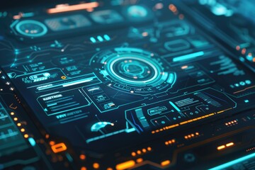 A high-tech computer display with glowing icons and lines of code