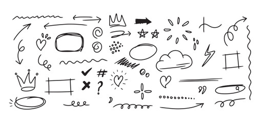 Hand drawn sketch marker underline shape, arrow, heart scribble brush pen stroke element.Sketch element line set. Abstract nature element decoration graphic icon set.