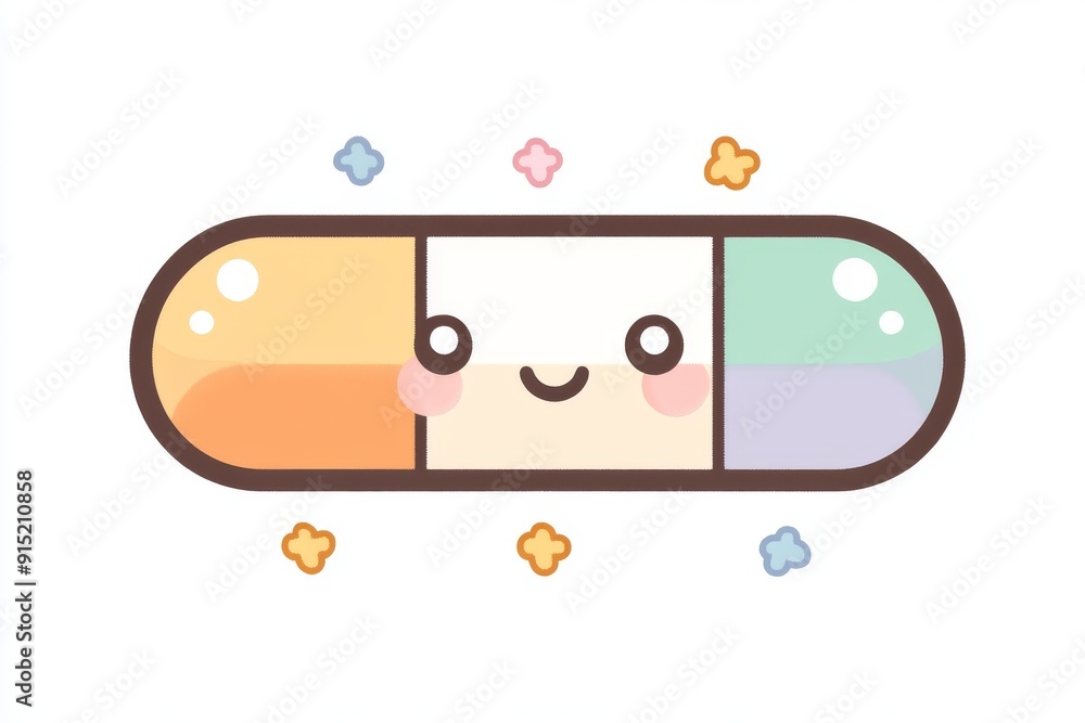 Poster cute illustration of a smiling capsule with a colorful split design emphasizing positivity and the b