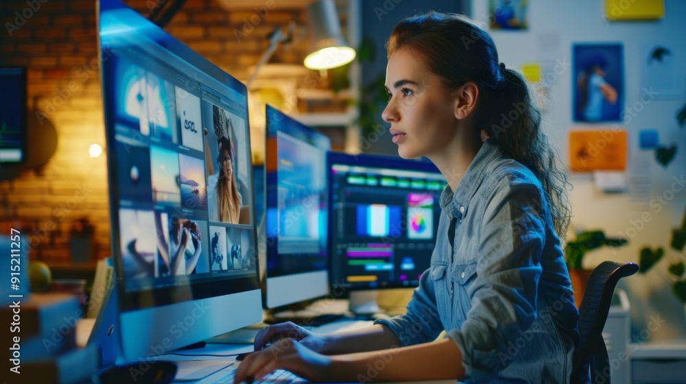 Poster a woman is sitting at a desk with two computer monitors in front of her