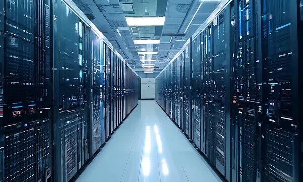 A detailed look at the interior of a modern data center showcasing numerous server racks illuminated by soft lights