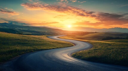 A winding road leading towards a bright horizon, symbolizing the journey and challenges on the path to achieving success. Ideal for motivational and business themes