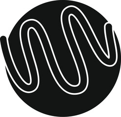 Black and white icon of a round chocolate candy being decorated with white chocolate stripes