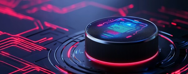 Futuristic Smart Speaker with Holographic Display in a Neon-Lit Cybertech Environment
