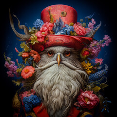 Fototapeta premium Fantasy illustration of an owl dressed in a vibrant floral top hat and ornate costume blending nature with whimsy in a surreal and detailed artwork