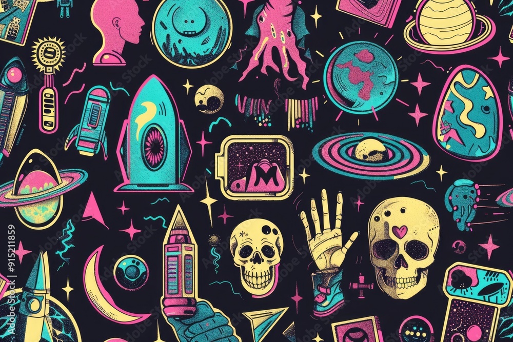 Poster a collection of space-themed objects against a dark backdrop
