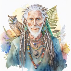 
An elderly man with dreadlocks and an owl on his right shoulder, a medicine man, a healer, a sage, a stylish grandfather, forest plants and birds