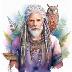 An elderly man with gray hair and a beard, with dreadlocks and with a brown owl on his left shoulder, with ethnic jewelry against a background of fern leaves