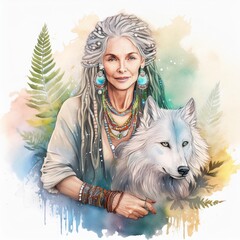 An elderly beautiful woman with dreadlocks and jewelry with a white wolf on a forest background, a wise shaman, herbalist, ethnic woman, strong in spirit