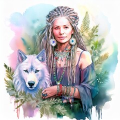 
A beautiful middle-aged woman with dreadlocks and jewelry with a white wolf, a beautiful woman in this style, in soft watercolor colors, a forest witch, a healer, boho