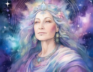 Wise cosmic goddess, beautiful aged woman, magical shaman in delicate watercolor tones