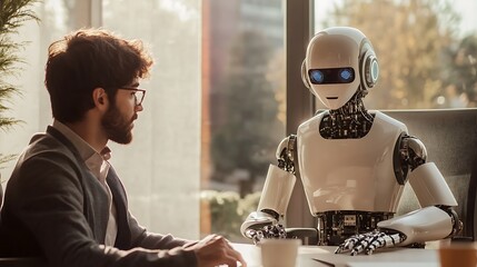 A futuristic job interview scene featuring a human candidate and an AI robot, symbolizing the rise of automation and the potential for human replacement in the workforce