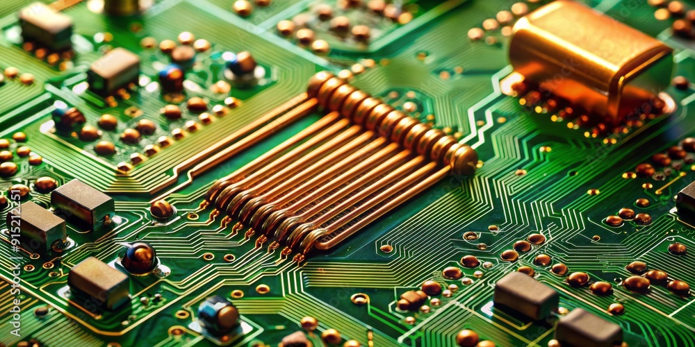 Poster macro view of intricate green electronic circuit board with shiny copper wires, tiny components, and