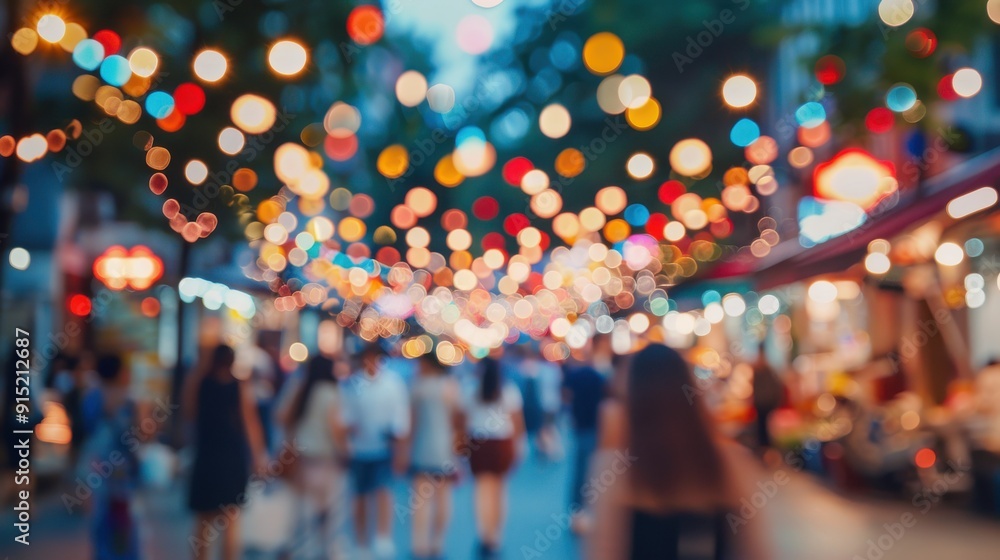 Poster a blurred image of a city street at night, with string lights illuminating the walkway. people are w