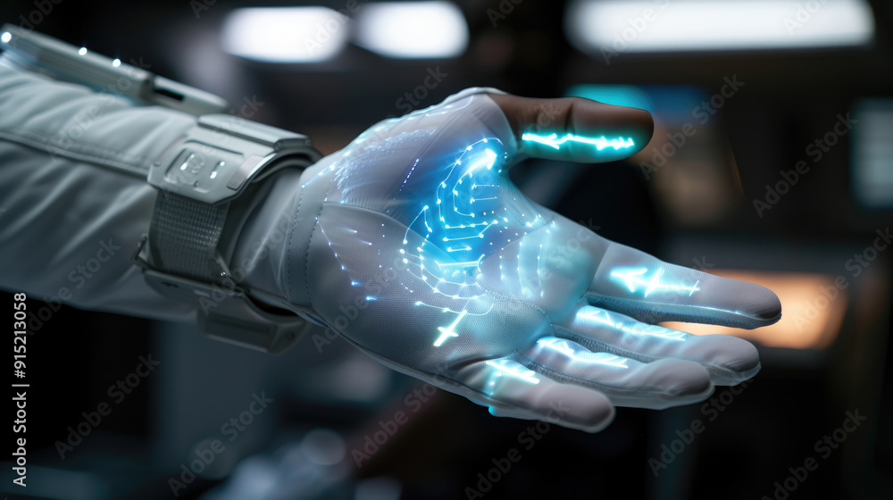 Poster a gloved hand displays holographic projections in a technologically advanced setting