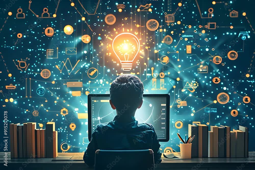 Poster a child engages with technology, exploring innovative ideas and concepts as he works on his computer