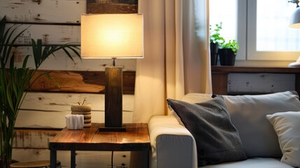Chic lamp on wood table in contemporary room