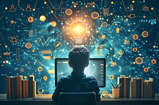 A child engages with technology, exploring innovative ideas and concepts as he works on his computer
