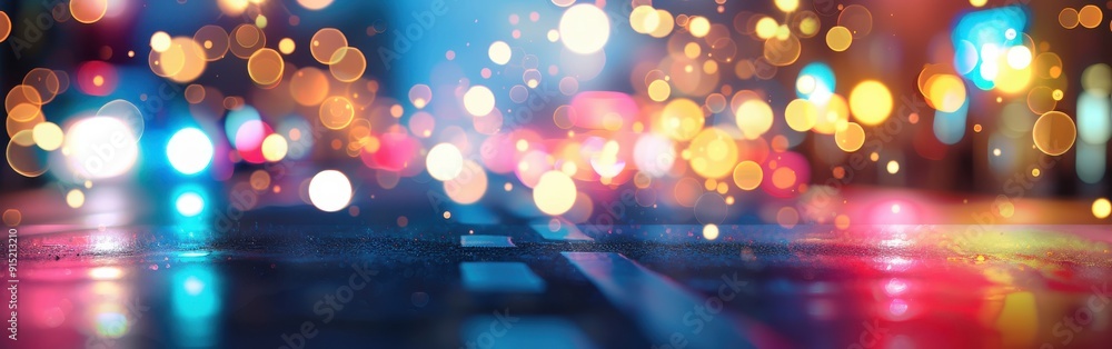 Poster colorful bokeh lights from streetlights and traffic illuminate a wet road at night. the reflections 