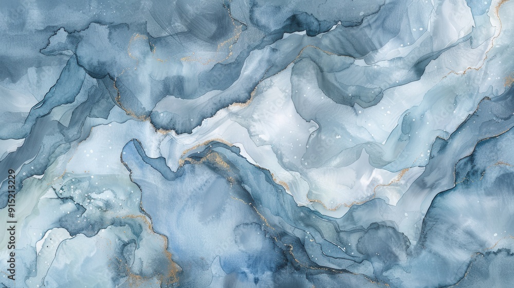 Poster A close-up view of an abstract ink painting. The artwork features a blend of blue and gold hues, creating swirling patterns that resemble clouds or mountains.