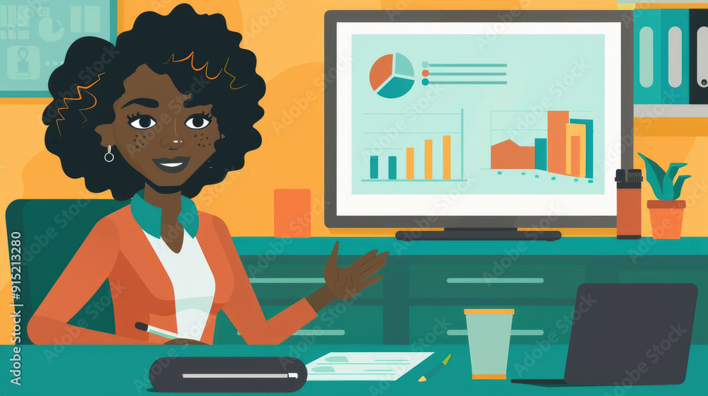 Poster a person explains data findings while seated at a desk with visual reports on display