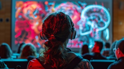 People at a scientific conference. Students listen to a scientific lecture.