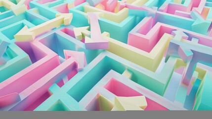 Naklejka premium Aerial view of a vibrant pastel-colored maze with arrows pointing in various directions, creating an intriguing and colorful puzzle.