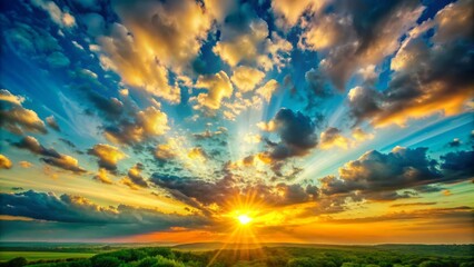 Obraz premium Serenely vibrant morning sky features a prominent sun amidst a harmonious blend of greenish blue and orange hues with fluffy clouds.