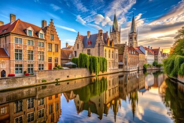 Fototapeta premium Serene medieval canal scene with historic brick buildings and distant Gothic spires of a grand town hall in picturesque Bruges.