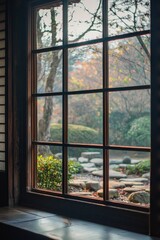 A window in a serene monastery, overlooking a Zen rock garden. 