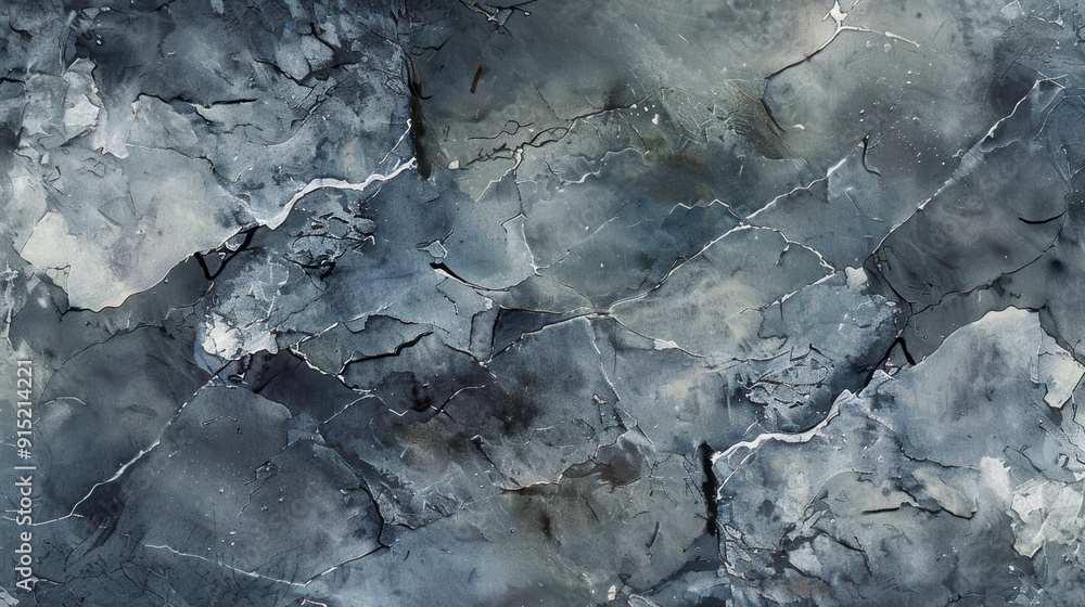 Poster A close-up of a cracked concrete surface with a blue and grey color scheme. The cracks are thin and jagged, creating a pattern that is both abstract and organic. The texture of the concrete is rough a