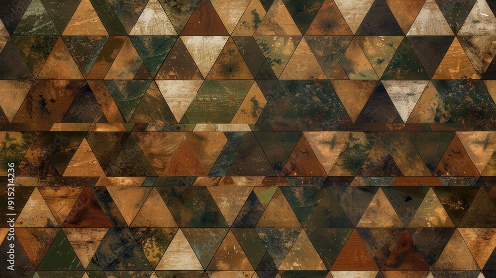 Poster A close-up image of a repeating pattern of wooden triangles in various shades of brown, green, and tan. The triangles are arranged in rows, creating a visually interesting and intricate design. Each t