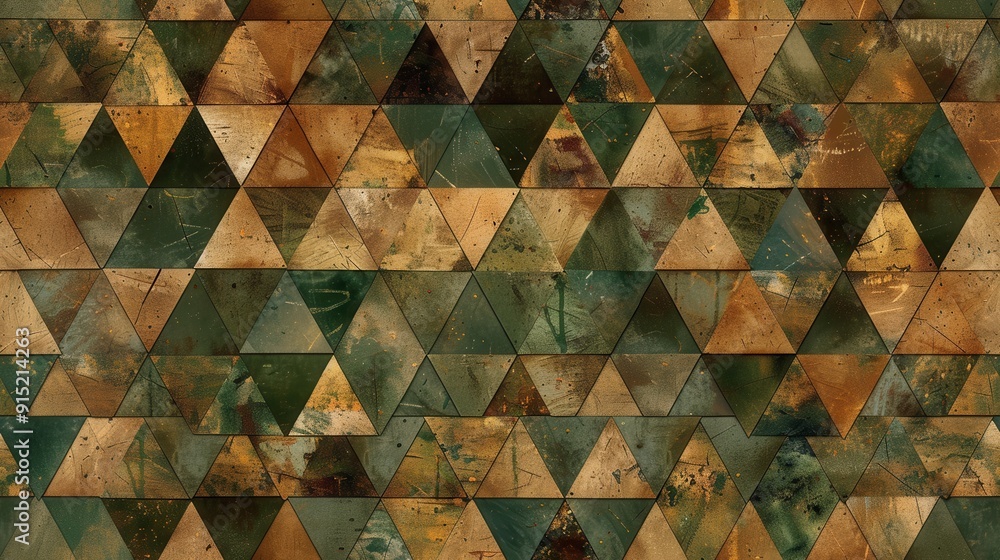 Poster A close-up image of an abstract geometric pattern made of green and brown triangles. The triangles are arranged in a repeating pattern, creating a visual texture. The surface of the triangles appears 