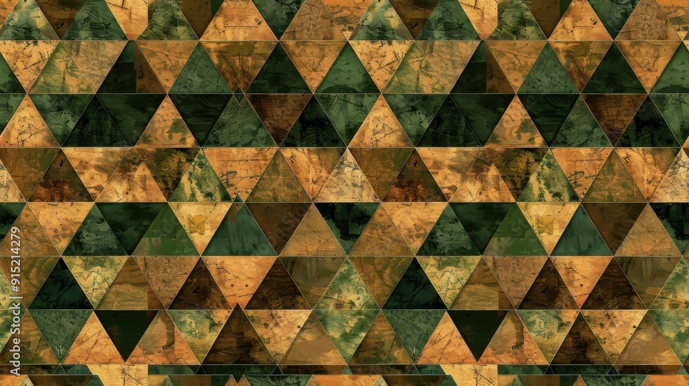 Leinwandbilder An abstract pattern consisting of a grid of green and gold triangles. The triangles are arranged in a repeating pattern, with each triangle having a slightly different texture and color. The backgroun