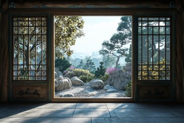 A window in a serene monastery, overlooking a Zen rock garden. 