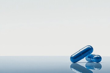 Futuristic blue capsule pills levitating on white background for advanced healthcare