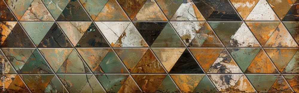 Aufkleber A close-up image of a wall covered in a geometric pattern of triangular tiles. The tiles are composed of various natural materials, creating an organic, textured surface. The color palette consists of