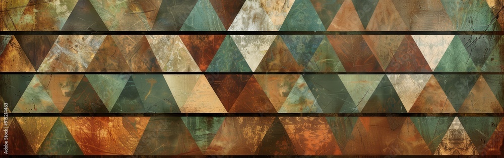 Poster This abstract image showcases a repeated pattern of triangles arranged in rows. The triangles are composed of varying shades of brown, green, and beige, creating a visually appealing and intricate des
