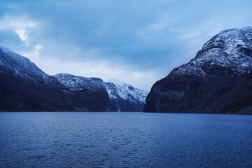 lake in the snow covered mountains