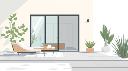 A modern outdoor patio featuring sleek furniture, surrounded by greenery and bathed in natural sunlight, creating a serene and comfortable environment perfect for relaxation.