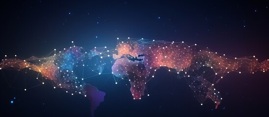 Obraz premium Global Tech Fusion Where Innovation Meets Connectivity. World map of network communication background.