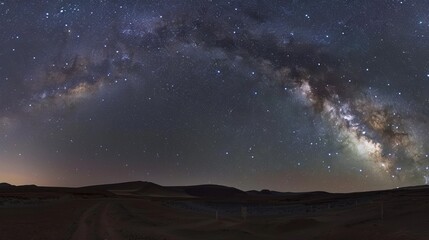 Fototapeta premium In the foreground is an alien landscape with rugged terrain and boulders, under a starry sky filled with galaxies and nebulas