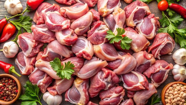 Fresh raw chicken giblets featuring gizzard or stomach on a meat background, arranged neatly from a top angle view.