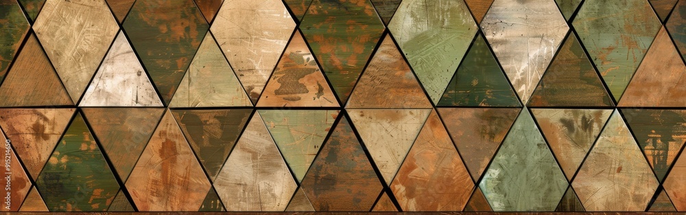 Aufkleber A wall is composed of multiple wooden triangles. The triangles are arranged in a geometric pattern. The wood is of different colors and has various textures.
