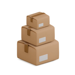 Obraz premium Vector cartoon 3d illustration with stack of closed carton boxes. Cute realistic big and small package on white background. 3d render cardboard box, cargo packaging, delivery and warehouse symbol.