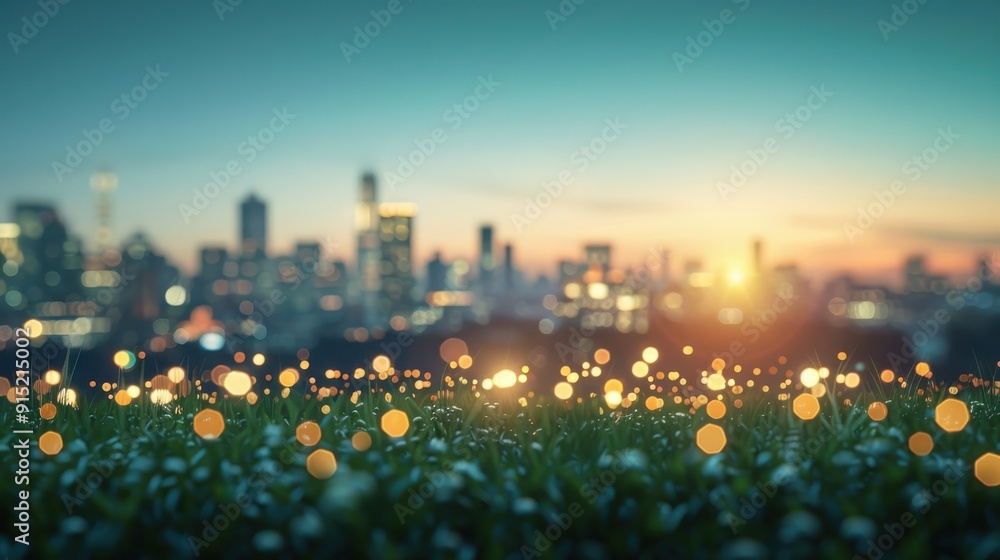 Poster a field of green grass illuminated by the warm glow of city lights in the distance. the city skyline
