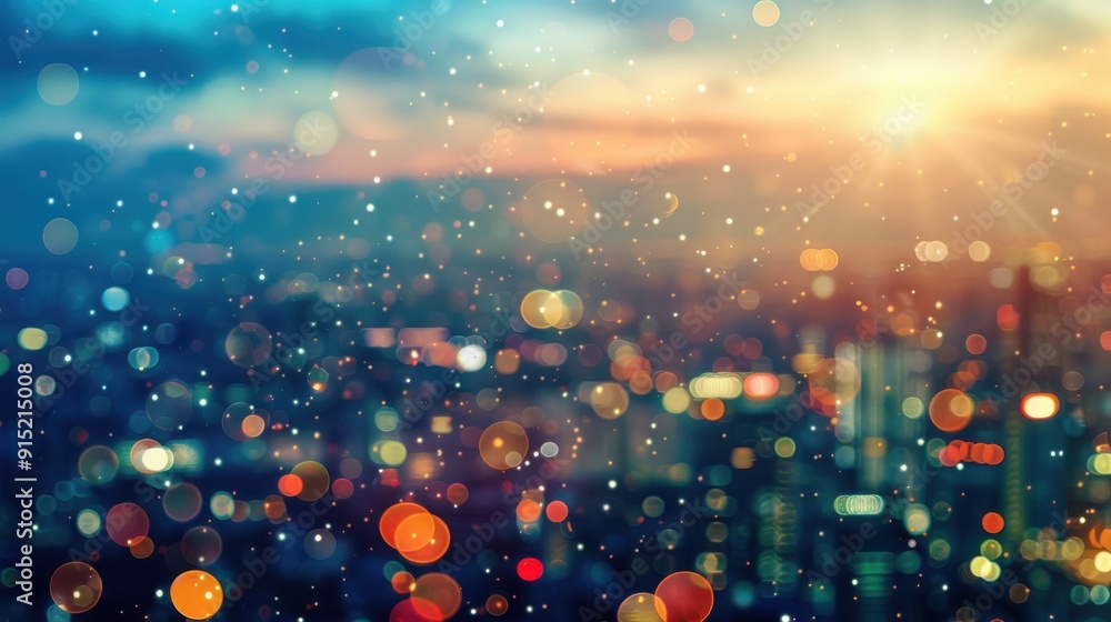 Poster A blurred image of a city skyline with out-of-focus lights creating a bokeh effect. The sky is a beautiful gradient of blue, orange, and pink, suggesting a sunset. There is a soft, glowing light radia