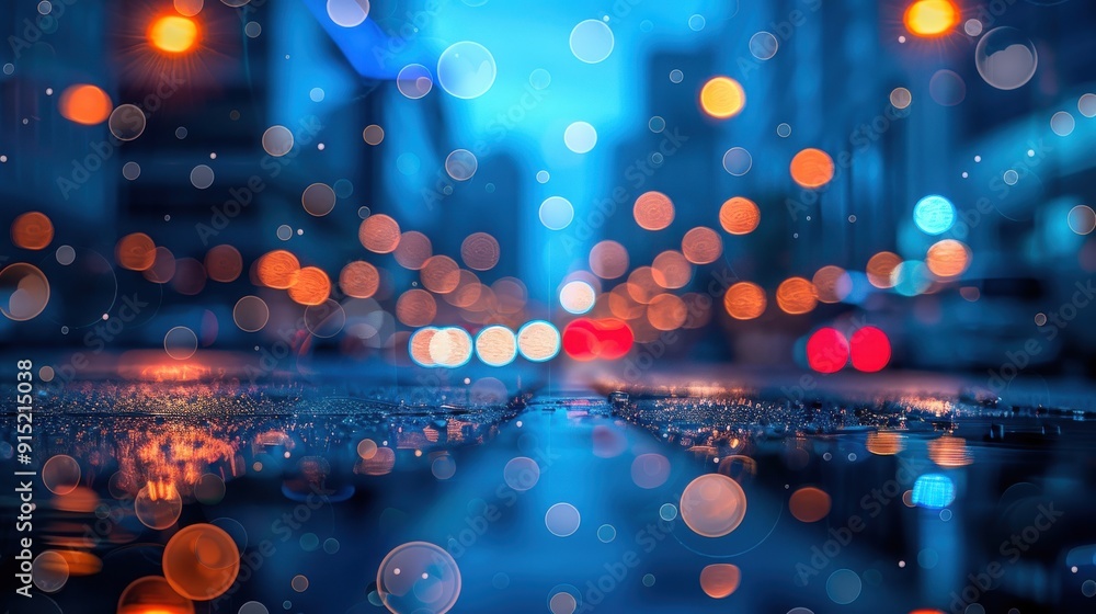 Poster A wet street is illuminated by the reflection of city lights, creating a vibrant pattern of light and color. The lights from the distant streetlights are blurred and create bokeh effects. There are al
