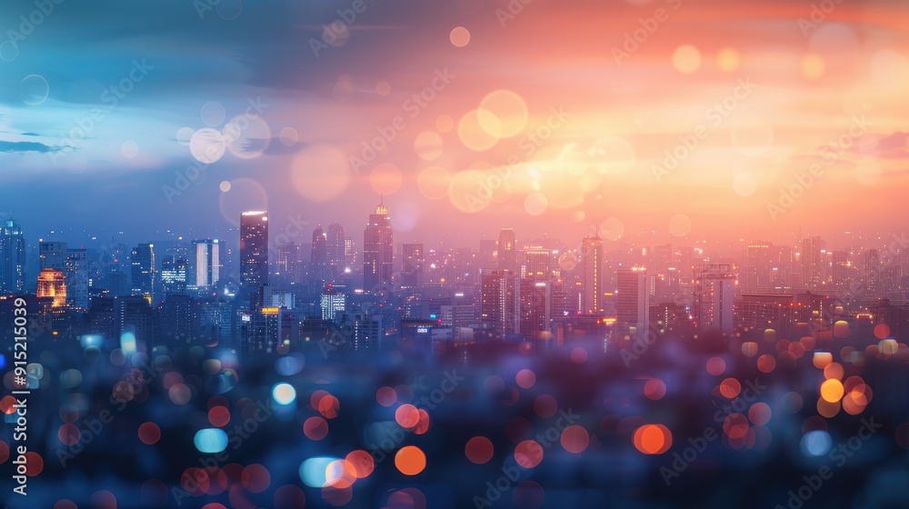 Poster a high-angle view of a city skyline at dusk, with a hazy orange and blue sky above. the cityscape is