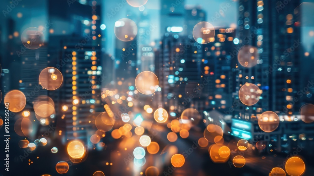 Poster a high-angle view of a city at night, with the lights of traffic and buildings blurred through a win